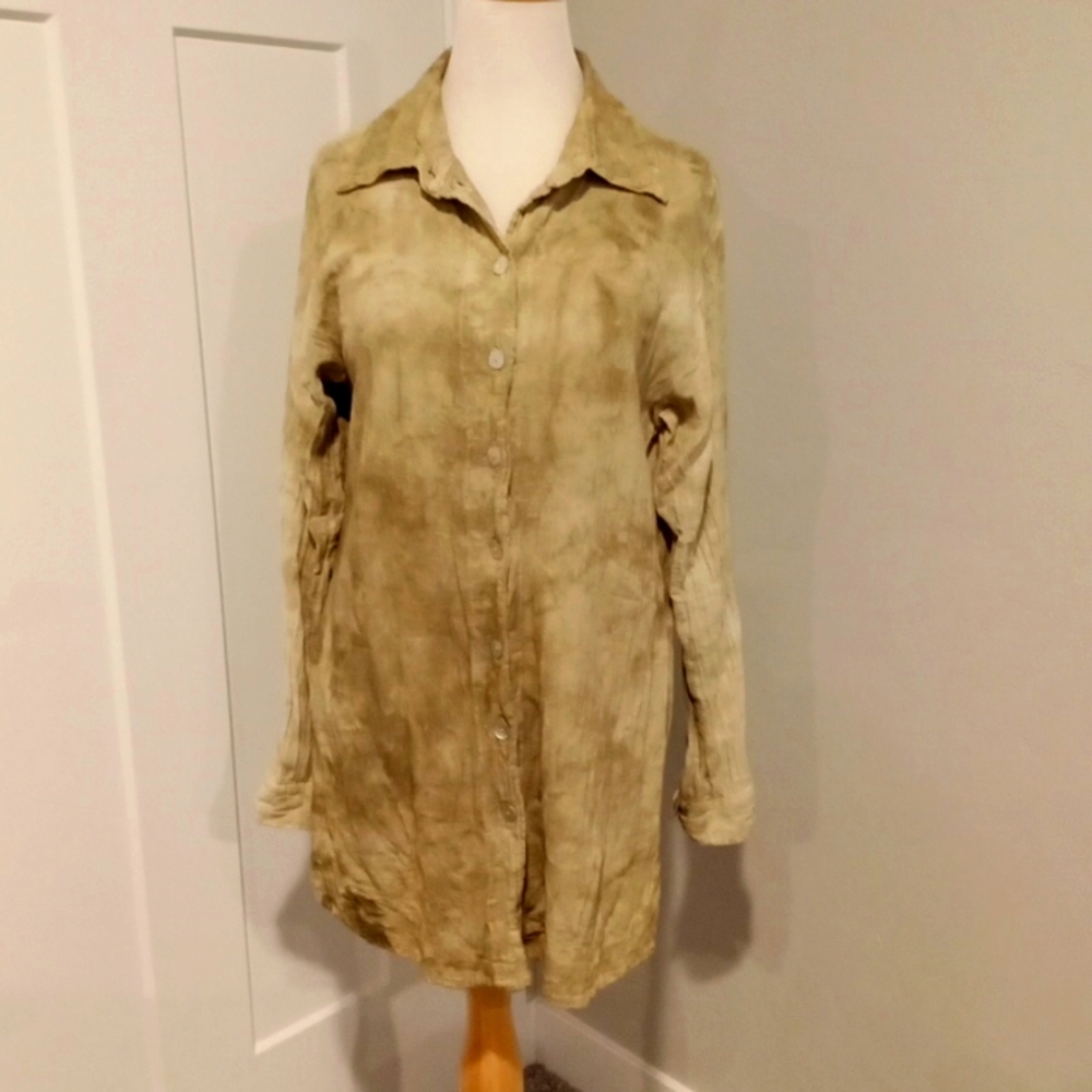 Oh My Gauze! Cotton Blouse Tunic Long Sleeve, Pockets Khaki Tan sz 1 sm med